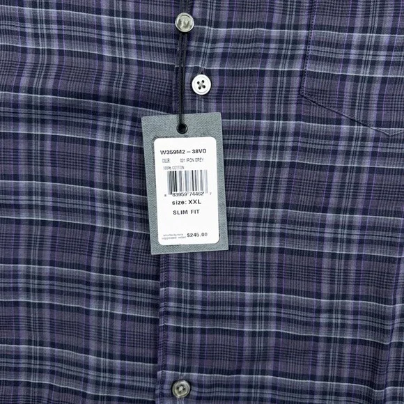 John Varvatos NWT Mens Button Down Shirt XXL Iron Grey Purple Plaid Cotton